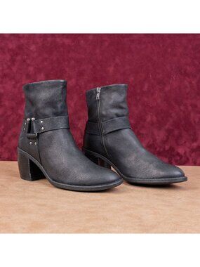 Born Women Dakota Black Leather Moto harness Heel Fashion Ankle Boots sz 9.5